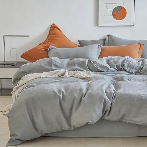 Simple&Opulence 100% Linen Duvet Cover Set 3pcs Basic Style Natural French Washed Flax Solid Color Soft Breathable Farmhouse Bedding with Button Closure - Ultimate Grey, King