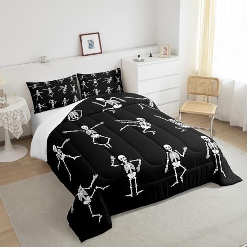 Erosebridal Sugar Skull Comforter Set Twin Size Skeleton Bones Bedding Set for Kids Boys Girls Teens Adult Halloween Horror Theme Down Comforter Gothic Spooky Duvet Sets with 1 Pillow Case