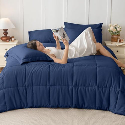 JOLLYVOGUE California King Comforter Set, Ultra-Soft Bed in a Bag Cal King Size 7 Pieces, Oeko-TEX Certified Bedding Set with Down Alternative Comforter, Sheets, Pillowcases & Shams, Navy