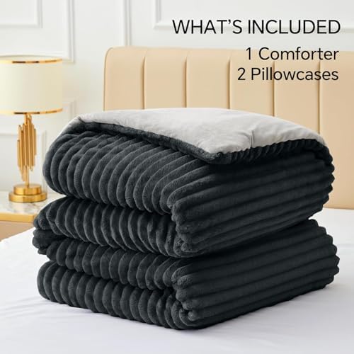 BEDELITE Fleece Oversized Queen Comforter Set, Fluffy Bed Set, Black