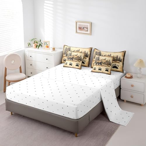 Erosebridal Bear King Bedding Set 7 Piece Hunting Cabin Lodge Comforter Set for Kids Boys Girls Rustic Farmhouse Bed in a Bag Wild Bear Paw Quilt with Flat Fitted Sheet Country Jungle Decor