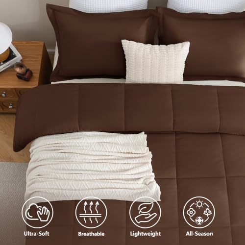 CozyLux Queen Size Comforter Set, 3-Piece Box-Stitched, Brown