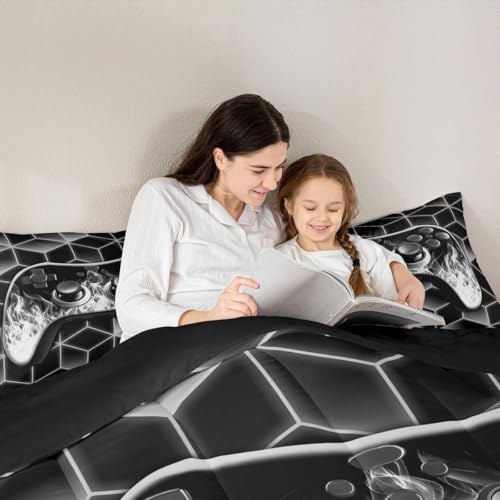 Grey Gaming Comforter Set with Neon Geometric Toddler Bedding, 3D Geometric Kids Comforter Decor for Boys' Bedroom
