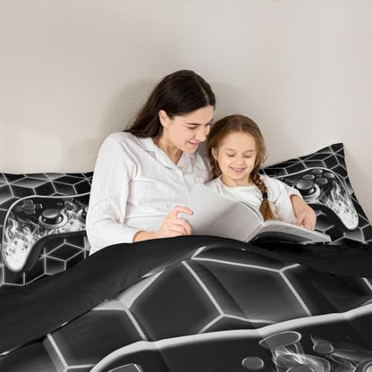 Grey Gaming Comforter Set with Neon Geometric Toddler Bedding, 3D Geometric Kids Comforter Decor for Boys' Bedroom
