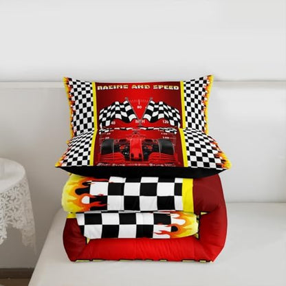 Race Car Comforter Sets for Boys Girls Black and White Checkered Bedding Red Racing Car Bedding Comforter Sets for Teens Adult Extreme Sport Theme Duvet Insert Speed Sports Car Bedroom Decor Twin
