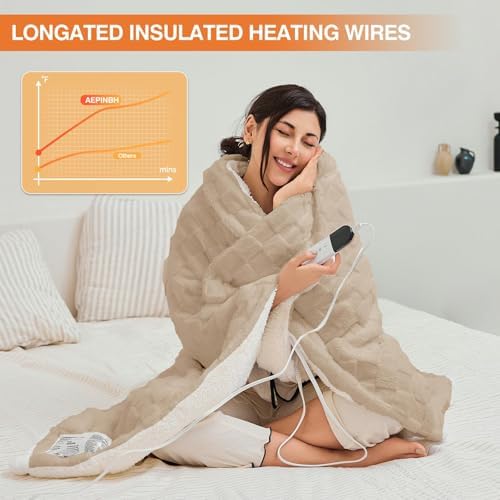 Heated Blanket Full 72" x 84", Checked Electric Blanket, Khaki