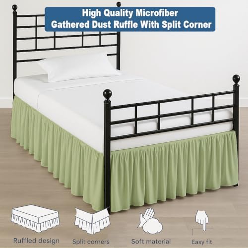 Ruffled Bed Skirt Split Corners with Platform, Tailored Fit Hotel Quality Wrinkle Free Ultra-Soft Microfiber Dust Ruffle, Upto 21 Inch Drop, Cal King, Sage