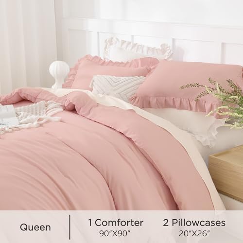 Andency Blush Queen Comforter Set, 3 Pieces Farmhouse Shabby Chic Bedding