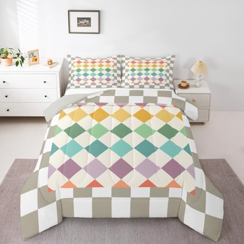 Checkered Geometric Bedding Set for Boys Girls Green Yellow Beige Brown Plaid Comforter Set King Size Checkerboard Modern Aesthetic Duvet Quilt Reversible Grey Bedroom Decor 3 Pcs with 2 Pillow Cases