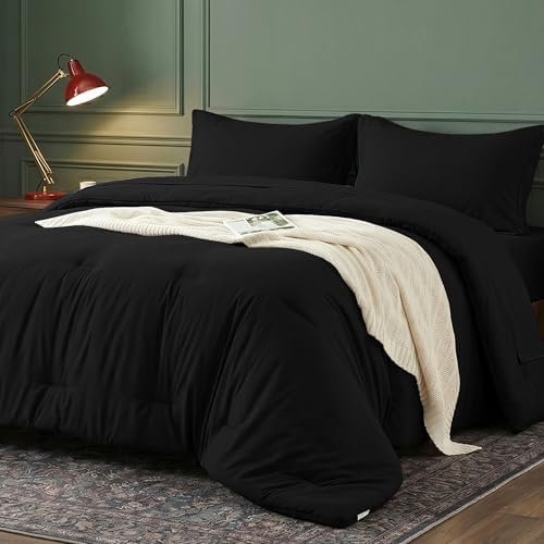 Full Comforter Set 7 Pieces - Ultra-Soft Bed in a Bag Full Size, Cozy Luxury All Season Bedding Sets with Comforter, Flat Sheet, Fitted Sheet, 2 Pillow Shams & 2 Pillowcases, Black