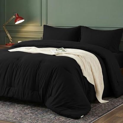 Full Comforter Set 7 Pieces - Ultra-Soft Bed in a Bag Full Size, Cozy Luxury All Season Bedding Sets with Comforter, Flat Sheet, Fitted Sheet, 2 Pillow Shams & 2 Pillowcases, Black