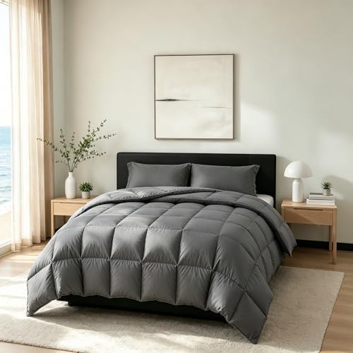 Down Feather Fiber Comforter Queen Size,Premium Ultra-Soft Breathable Comforter High Fill Power Grey Duvet Insert,All Season Hotel Luxury Bedding Comforters 8 Corner & Center Loops,Baffle Box Design