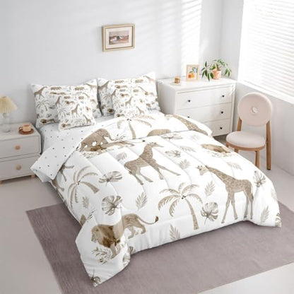 Erosebridal Jungle Animals 7 Piece Bedding Set Full Elephant Lion Giraffe Animal Comforter Set with Sheets African Bed in A Bag Hunter Brown Wildlife Bed Sets with 2 Pillowcases, 2 Throw Pillow Covers