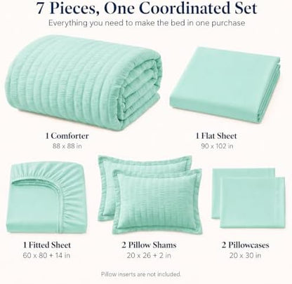 CozyLux Queen Comforter Set, 7 Pieces Mint Green Seersucker Bed in a Bag