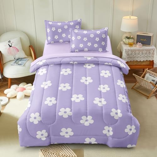 Twin Bedding Set for Girls Lavender Daisy Kids Comforter Set for Teens Purple Bed in a Bag Floral Microfiber Bed Sheet Sets