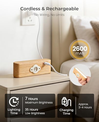Wood Wall Sconce, Rechargeable Reading Light Magnetic Bedside Lamp