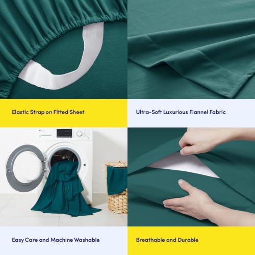 Sweet Home Collection Flannel Sheet Set, Teal Queen, Deep Pocket Soft Brushed Microfiber All-Season Bedding with Fitted Sheet, Flat Sheet & Pillowcase(s)