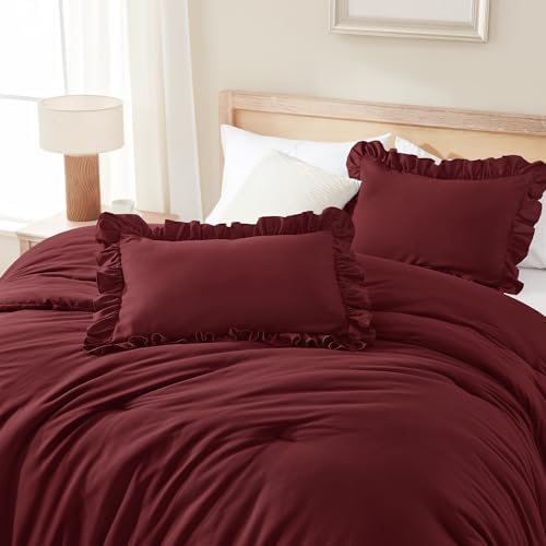Andency Burgundy Queen Comforter Set, 3 Pieces Shabby Chic Bedding