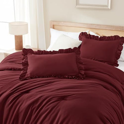 Andency Burgundy Queen Comforter Set, 3 Pieces Shabby Chic Bedding