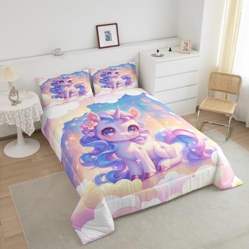 Castle Fairy Unicorn Girls Comforter Set Twin,Kids Cartoon Cute Reversible Quilt Sets Girly Girls Boys Rainbow Unicorn Bedding Set Kawaii Animal Pattern Duvet Insert with 1 Pillowcase Pink Purple