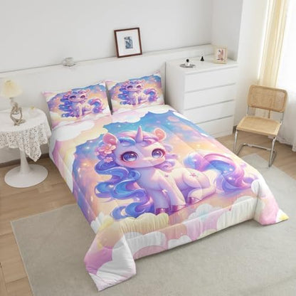 Castle Fairy Unicorn Girls Comforter Set Twin,Kids Cartoon Cute Reversible Quilt Sets Girly Girls Boys Rainbow Unicorn Bedding Set Kawaii Animal Pattern Duvet Insert with 1 Pillowcase Pink Purple
