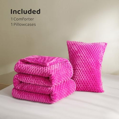 Petrichor Fluffy Twin Comforter Set - Ultra-Soft Pink Flannel Thick Comforter for Queen Bed, Luxury Warm Bedding Set for Winter & Fall, Cozy Fuzzy Bed Set 2 Pieces (1 Comforter & 1 Pillowcase)