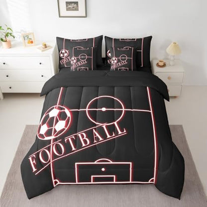 Sports King Comforter Set 7 Pieces for Toddler Boys Football Bedding Comforter Sets, Neon Glowing Red Bed in a Bag Sport Theme Bedding Set, Black Red Bed Sheets Set Microfiber (Black Reversible)