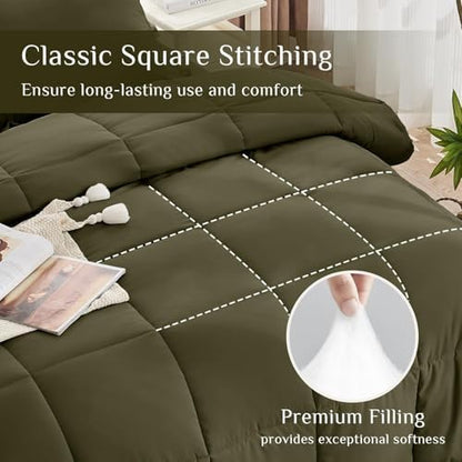 JOLLYVOGUE Twin Comforter Set, Ultra-Soft Bed in a Bag Twin Size 5 Pieces, Oeko-TEX Certified Bedding Set with Down Alternative Comforter, Sheets, Pillowcases & Shams, Olive Green