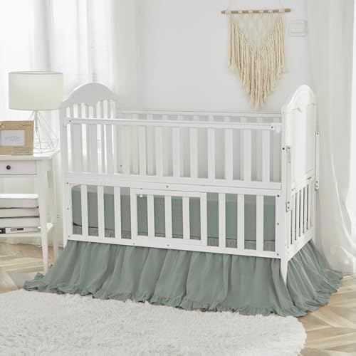 Brandream Boho Bohemian Girl Baby Nursery Crib Bed Skirt Dust Ruffle - Neutral Solid Color Sage Green Farmhouse Chic 100% Washed Cotton Ruffle