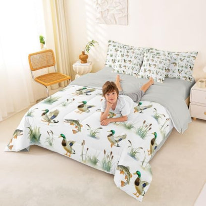 Erosebridal Mallard Duck 7 Piece Bed in A Bag Twin Comforter Set Bass Fish Hunting Bedding Set for Girls Kids Wild Duck Reed Woodland Sheet Set with Comforter Pike Fish Waterfowl Quilt Duvet