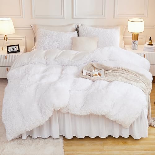 Andency White Queen Comforter Set, Fluffy Faux Fur Warm Bedding Set