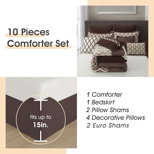 LANCO MODERN LIFESTYLE California King Comforter Set, Brown, 10 Piece Bed in a Bag for All Seasons, Luxury Extreme Comfort Bedding Sets with Bedskirt, Pillow Shams, Euro Shams and Decor Pillows