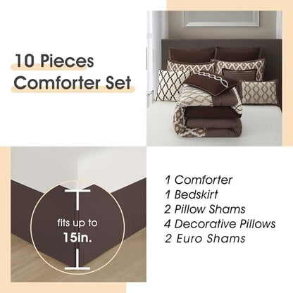 LANCO MODERN LIFESTYLE King Size Comforter Set, Brown, 10 Piece Bed in a Bag for All Seasons, Luxury Extreme Comfort Bedding Sets with Bedskirt, Pillow Shams, Euro Shams and Decor Pillows