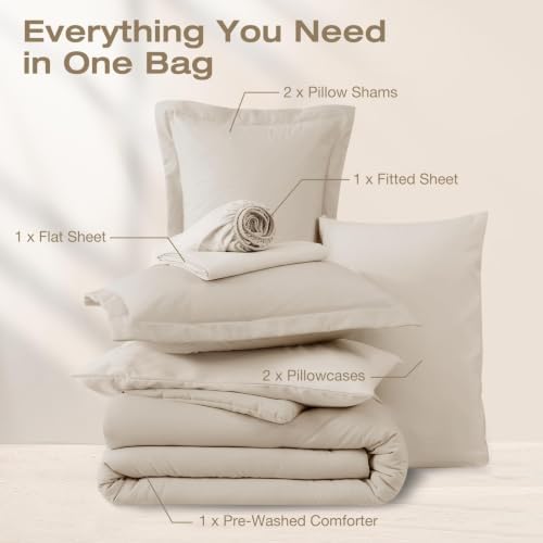 Sasttie King Comforter Set 7-Piece Beige, Pre-Washed Bed in a Bag