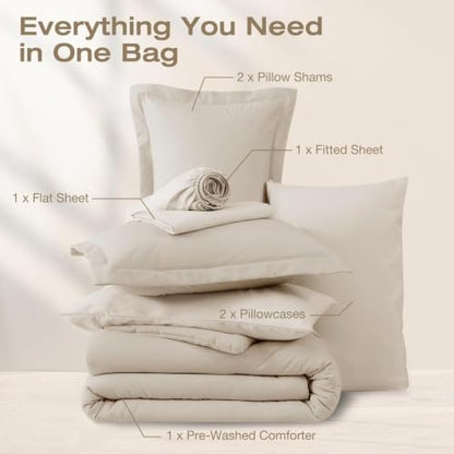 Sasttie Full Comforter Set 7-Piece Beige, Pre-Washed Bed in a Bag