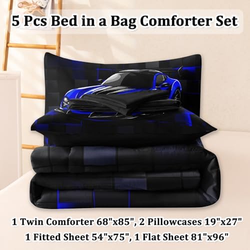 5 Pcs Race Car Twin Bedding Set for Boys, Blue Sports Car Twin Boys Comforter Set with Sheets