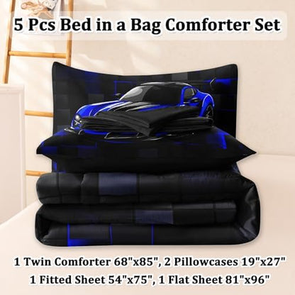 5 Pcs Race Car Twin Bedding Set for Boys, Blue Sports Car Twin Boys Comforter Set with Sheets