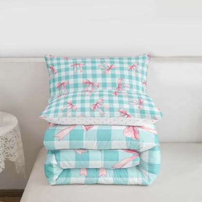 jejeloiu Blue Bowknot Comforter Set King Size Checkerboard Bedding Set for Kids Boys Girls Pink Bow Duvet Quilt Plaid Bedroom Decor Microfiber 3 Pcs with 2 Pillow Cases