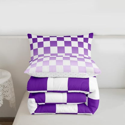 Feelyou Checkered Bedding Set for Boys Girls Modern Geometric Gradient Purple Comforter Set Twin Size Cute Neutral Plaid Duvet Quilt Vintage Aesthetic Bedroom Decor 2 Pcs with 1 Pillow Cases