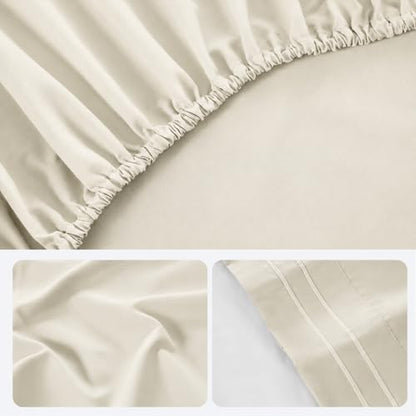 ROSE&RISY Light Beige Queen Sheet Set, 4 Pcs Soft Bedding Queen Sheet Set, Breathable and Cooling Sheet Bed Set, Includes 1 Fitted Sheet, 1 Flat Sheet, 2 Pillowcases - Deep Pocket (Light Beige, Queen)