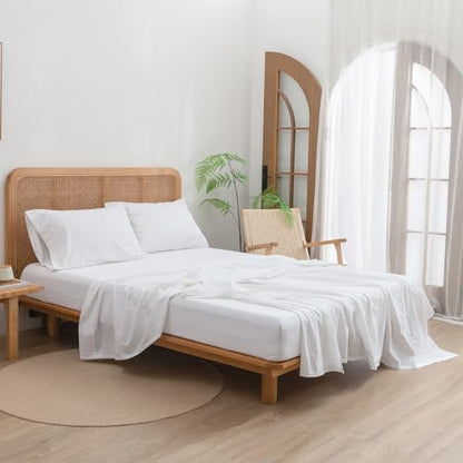 BESTOUCH Twin Washed Cotton Linen Feel Sheet Set, 3pc Solid Bright White