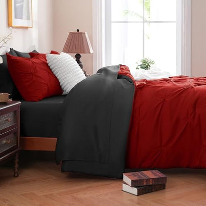 DOWNCOOL Queen Comforter Set, 7 Pieces Red and Black Bed in a Bag