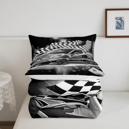 Feelyou Racing Car Comforter Set, Cool Speed Race Car Down Comforter King for Kids Boys Girls Teens Bedroom, Automobile Extreme Sport Bedding Set Plaid Checkered Duvet Sets with 2 Pillowcases,Grey