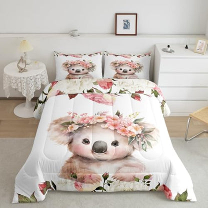 Feelyou Cute Koala Comforter Set King Size Kids Cartoon Animal Comforter for Boys Girls Teens Flower Floral Print Bedding Set Farm Zoo Garden Theme Duvet Set Room Decor Quilt Set