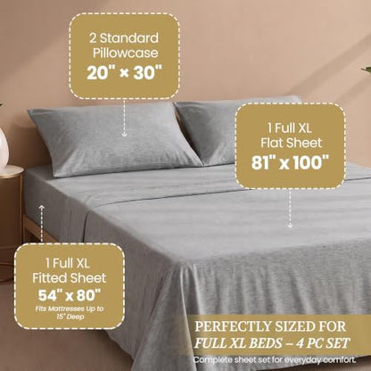 DESTINY CRESCENT BEDDING Full XL 100% Cotton Jersey Knit Sheet Set, 4PC, 15" Deep Pocket, Heather Grey