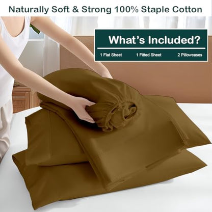 NON Sticky cotton RV Short Queen 4 Piece Sheet Set, 100% Long Staple Cotton, Soft Cooling Hotel Luxury Bedding Sheets, Deep Pocket Fits 15" Mattress, 60" x 75", Chocolate Solid