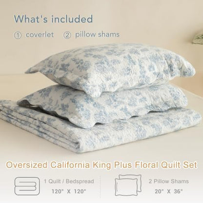 Lady Ann 100% Cotton Oversized King Bedspread 120x120, Light Blue Floral Pattern Printed Quilted Quilt Set with Scalloped Edge, 3 Pcs Extra Large Bed Bedding Set