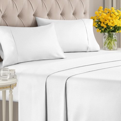 Queen 4 Piece Striped Sheet Set - Breathable & Cooling - Light Blue Dots