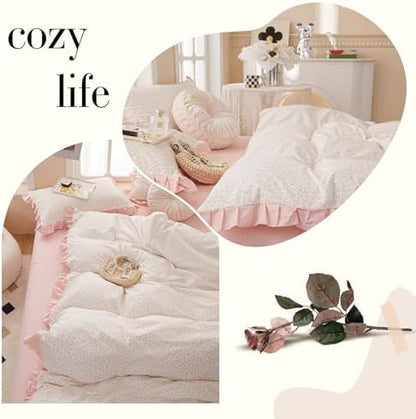 VM VOUGEMARKET Pink Ruffle Duvet Cover Set Twin Flower Prints 3 Pieces