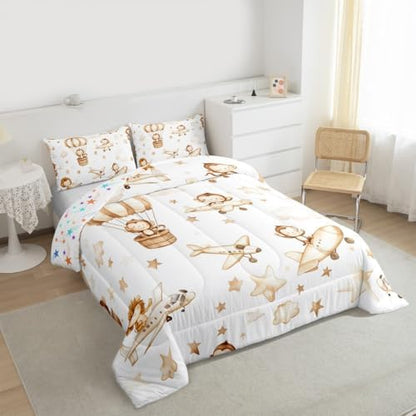 Erosebridal Kids Airplane Comforter Set Queen, Cartoon Aircraft Bedding Set, Hot Air Balloon Star Cloud Comforter, Cute Monkey Lion Wildlife Quilt for Boys Girls Teens Adults Bedroom